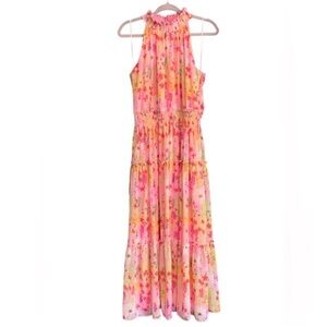Taylor Floral Pink Halter Mock Neck Sleeveless Elastic Waist Maxi Dress